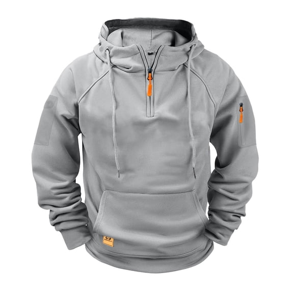 FAVIPT 1/4 Zip Tactical Hoodies for Men Casual Fashion Winter Warm Pullover Multi-Pockets Slim Sweatshirt Athletic Hiking Training Hoodie Gray,XXL