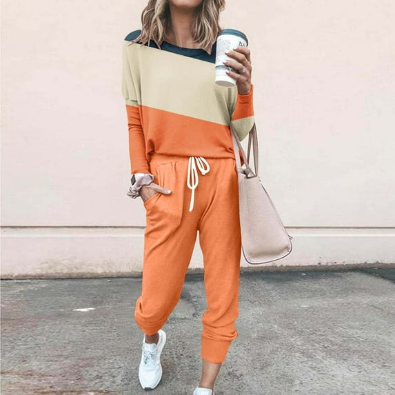 FAVIPT 2 Piece Color Block Outfits for Women Crewneck Long Sleeve Tops Long Pants Lounge Sets with Drawstring Tracksuit Jogger Sets Orange XL