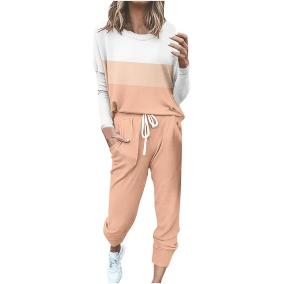 FAVIPT 2 Piece Joggers Sets for Women Color Block Tracksuit Lounge Set Long Sleeve Crewneck Tops and Long Pants Sweatsuits with Pockets 2025 Rose Gold,L
