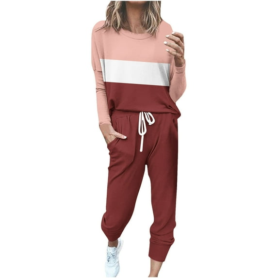 FAVIPT 2 Piece Joggers Sets for Women Color Block Tracksuit Lounge Set Long Sleeve Crewneck Tops and Long Pants Sweatsuits with Pockets 2025 Wine,XXL