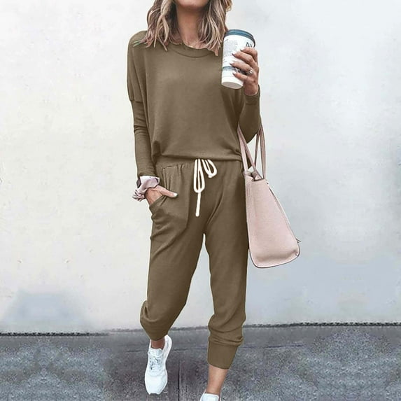 FAVIPT 2 Piece Outfits for Women Sweatsuit Solid Long Sleeve Pullover Top with Jogger Sweatpants Fall Fashion Loungewear Set Coffee 3XL