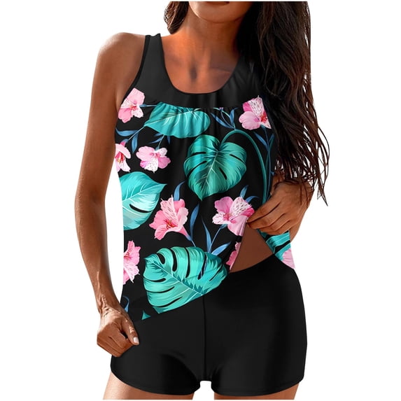 FAVIPT 2 Piece Swimsuit for Women Tummy Control with Boyshorts Bathing Suits Cute Graphic Print Modest Vacation Summer 2025 Tankini Swimsuits Blue,L