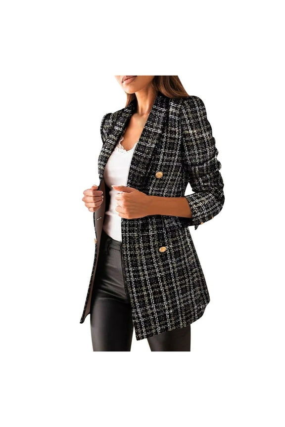 2024 Blazer Clearance Plaid Tweed Blazer Jacket for Women Casual Long Sleeve Double Breasted Lapel Office Fall Winter Coat with Pockets