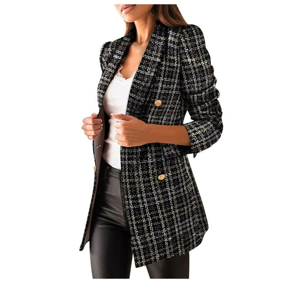 FAVIPT 2024 Blazer Clearance Plaid Tweed Blazer Jacket for Women Casual Long Sleeve Double Breasted Lapel Office Fall Winter Coat with Pockets