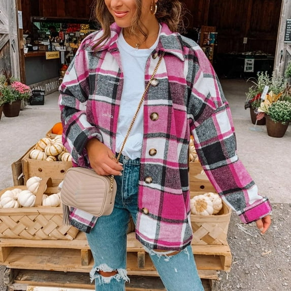 FAVIPT 2024 Flannel Plaid Shacket Jacket for Women Long Sleeve Button Down Shirt Coat Fashion Wool Blend Outwear Corduroy Blouse Tops