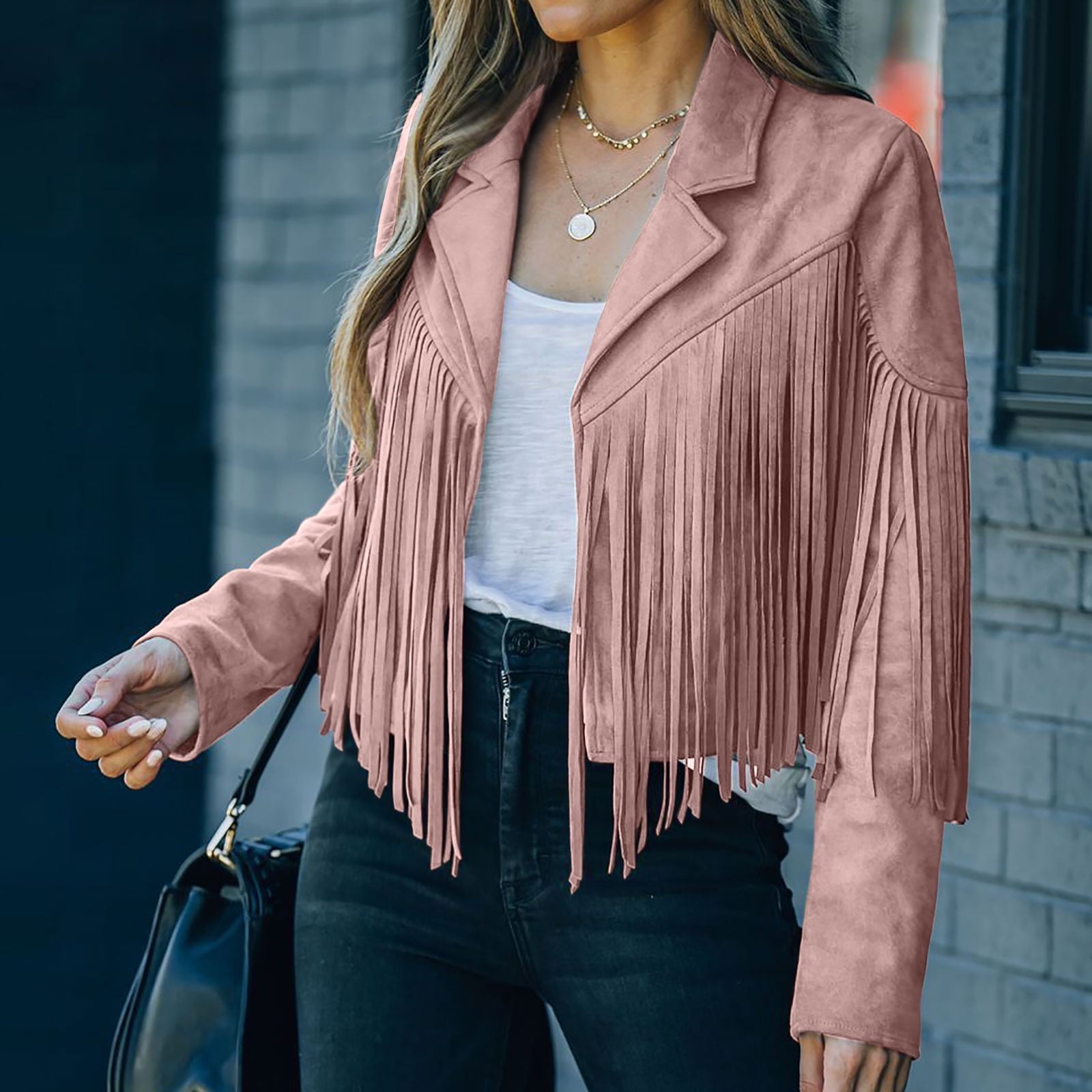 FAVIPT 2024 Fringe Jacket for Women Cowgirl,Women Suede Fringe Jacket Long Sleeve Slim Faux Leather Jacket Boyfriend Tassel Cropped Lapel Collar Coats