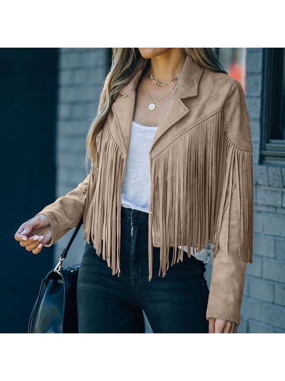 2024 Fringe Jacket for Women Cowgirl,Women Suede Fringe Jacket Long Sleeve Slim Faux Leather Jacket Boyfriend Tassel Cropped Lapel Collar Coats