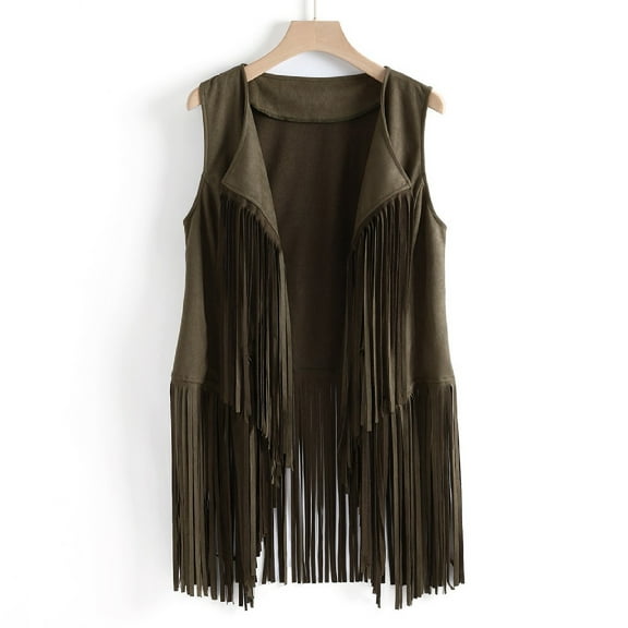 FAVIPT 2024 Hippie Vest for Women Vintage Ethnic 70s Tassel Vest Faux Seude Solid Sleeveless Fringe Hippie Jacket Vest