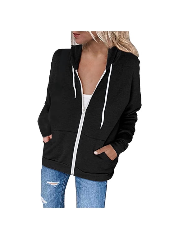 2024 Hoodies for Women Casual Solid Zip Up Drawstring Sweashirt Top Lightweight Workout Outwear Sweatshirt Long Sleeve Jogger Hooded Jacket