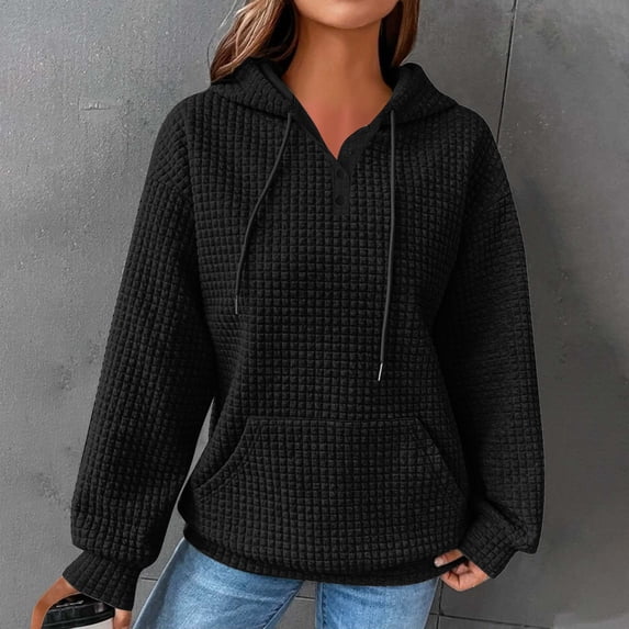 FAVIPT 2024 Hoodies for Women Solid Color Waffle Casual Crewneck Sweatshirts Drawstring Pullover Hoodie with Pockets