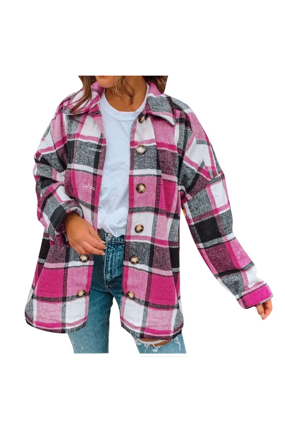 2024 Womens Casual Plaid Flannel Shacket Jacket Oversized Brushed Button Down Long Sleeve Shirts Coats with Pockets Tops