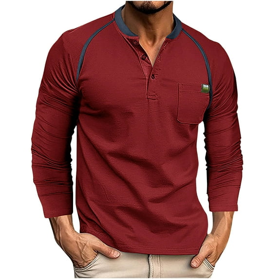 FAVIPT 2024 Mens Fashion Henley Shirts Slim Muscle Fitted Long Sleeve Button Cotton Work T-Shirt with Pocket