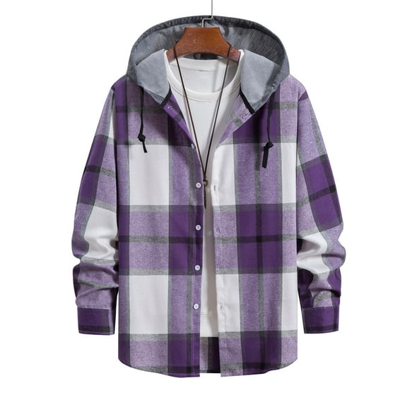FAVIPT 2024 Mens Plaid Hooded Shirts,Men's Long Sleeve Hoodie Jacket Loose Plaid Button Down Flannel Shirts,Mens Cotton Plaid Shirt Jacket,Clearance Flannel Jacket