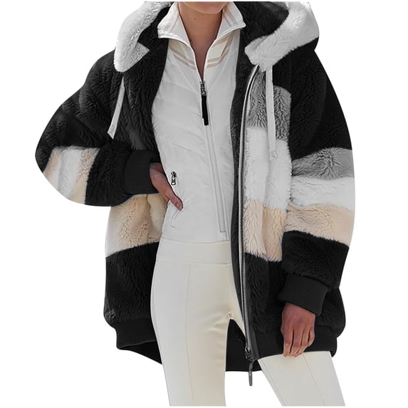 FAVIPT 2024 New Rcontrasting Lamb Wool Padded Coat Sherpa Hoodie Lined Jacket Women Faux Fur Shearling Fleece Zip Shacket