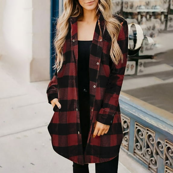FAVIPT 2024 Shacket Jacket Women Flannel Brushed Plaid Lapel Button Down Lapel Long Sleeve Fall Hooded Shirt Coats with Pockets