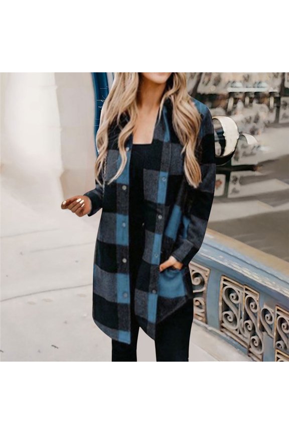 2024 Shacket Jacket Women Flannel Brushed Plaid Lapel Button Down Lapel Long Sleeve Fall Hooded Shirt Coats with Pockets