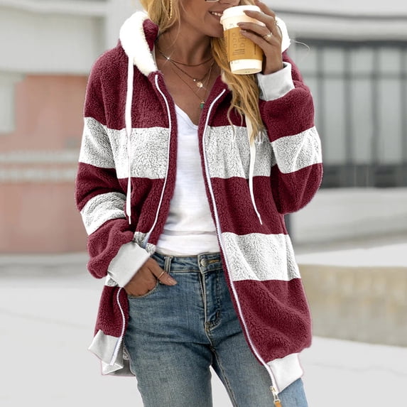 FAVIPT 2024 Women Fuzzy Jackets Plus Size,Womens Winter Fuzzy Fleece Jacket Hooded Color Block Patchwork Cardigan Coats Outerwear with Pockets
