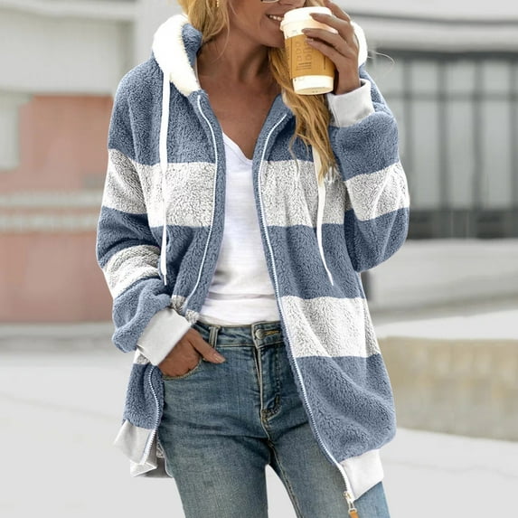 FAVIPT 2024 Women Fuzzy Jackets Plus Size,Womens Winter Fuzzy Fleece Jacket Hooded Color Block Patchwork Cardigan Coats Outerwear with Pockets