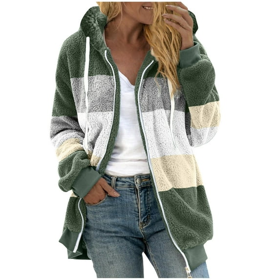 FAVIPT 2024 Women Oversized Sherpa Jackets Fuzzy Fleece Hoodies,Women's Winter Plush Zip Up Jacket Causal Loose Color Block Cardigan Coats Outerwear with Pockets