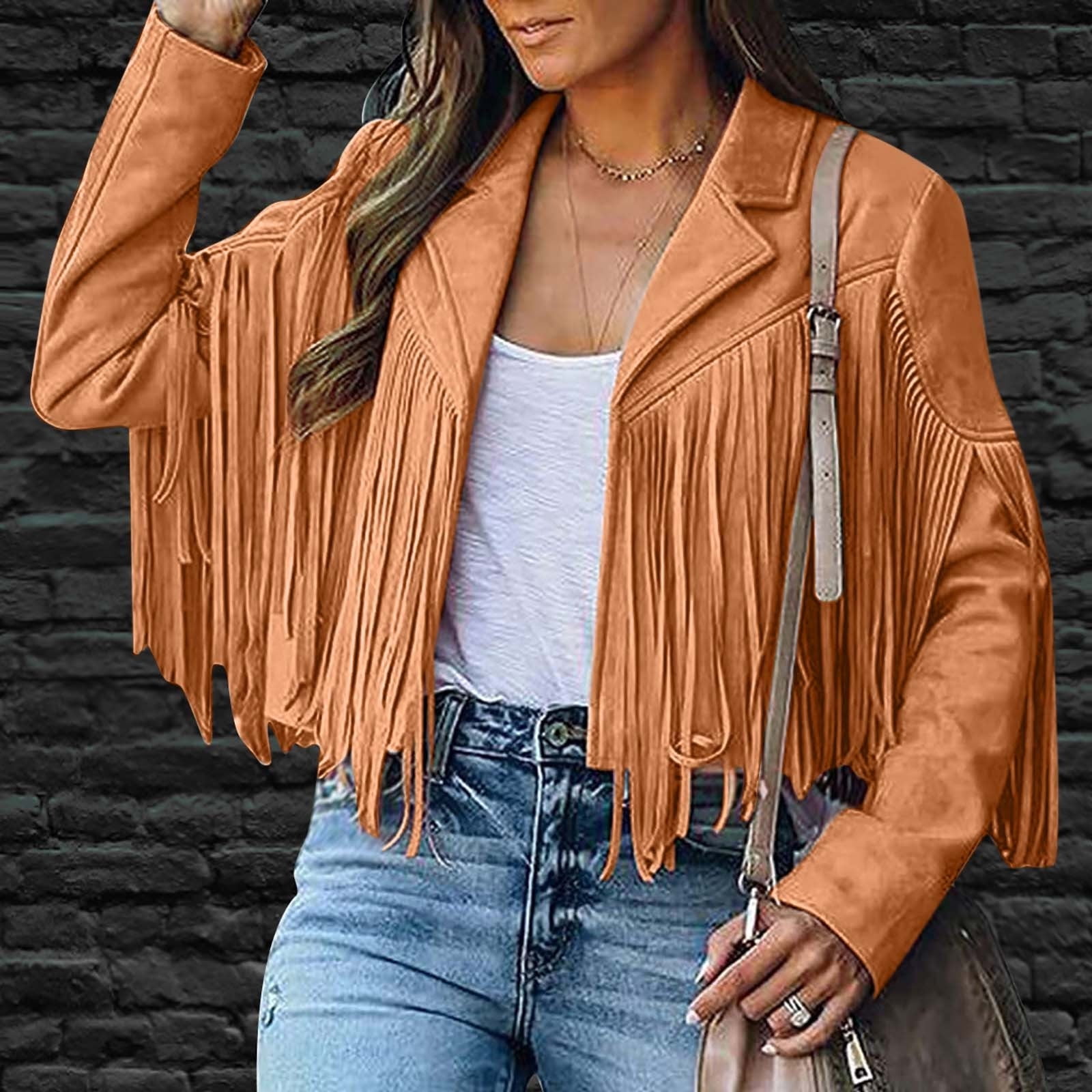 FAVIPT 2024 Women's Casual Leather Fringed Jacket Long Sleeve Faux Leather PU Coat Cowboy Style Notch Lapel Tassel Cardigan Outwear