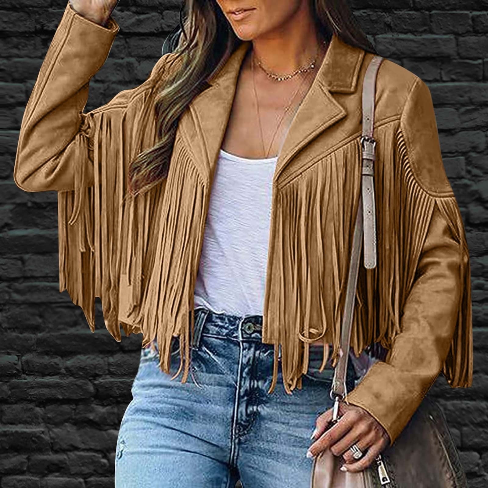 FAVIPT 2024 Women's Casual Leather Fringed Jacket Long Sleeve Faux Leather PU Coat Cowboy Style Notch Lapel Tassel Cardigan Outwear