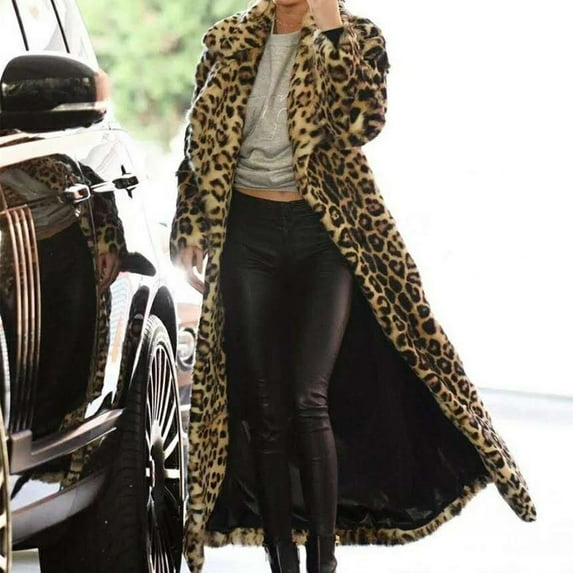 FAVIPT 2024 Women's Elegant Vintage Leopard Print Lapel Faux Fur Long Maxi Coat Jacket Fuzzy Fleece Open Front Cardigan Outwear