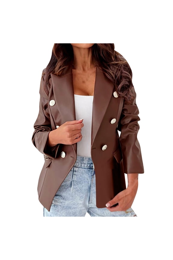 2024 Women's Faux Leather Blazer Jackets,Double Breasted Buttons Faux Leather Blazer Women Long Sleeve Coat Notch Collar Leather Jacket Women