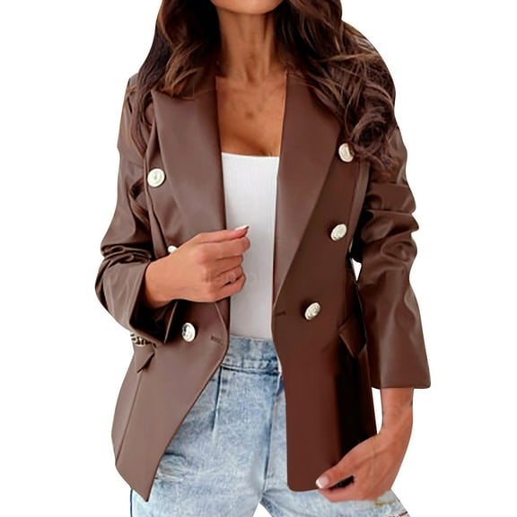 FAVIPT 2024 Women's Faux Leather Blazer Jackets,Double Breasted Buttons Faux Leather Blazer Women Long Sleeve Coat Notch Collar Leather Jacket Women