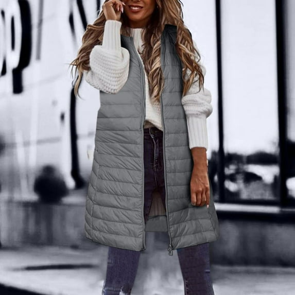 FAVIPT 2024 Women's Long Down Vest Gilets Jacket Plus Size Sleeveless Hooded Quilted Warm Parka Zip Up Padded Thick Puffer Waistcoat