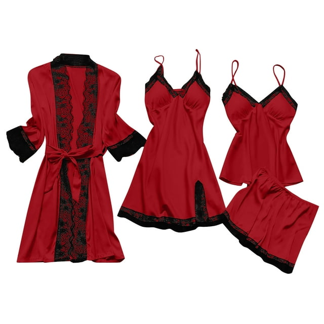 FAVIPT 2024 Women's Pajama Sets 4pcs Lace Trim Robes Nightgowns Cami ...
