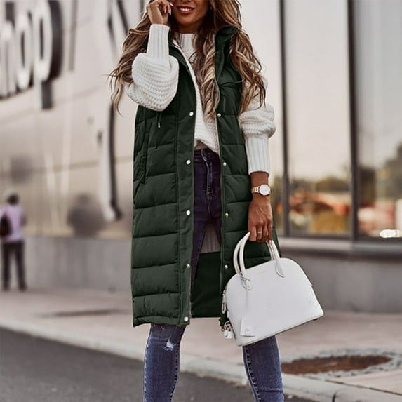Women Warm Keeping Long Gilet Solid Color Sleeveless Zipper Puffer Jacket Hooded Waistcoat Midi Length Down Vest Thicken Quilted Coat Padded Outwear