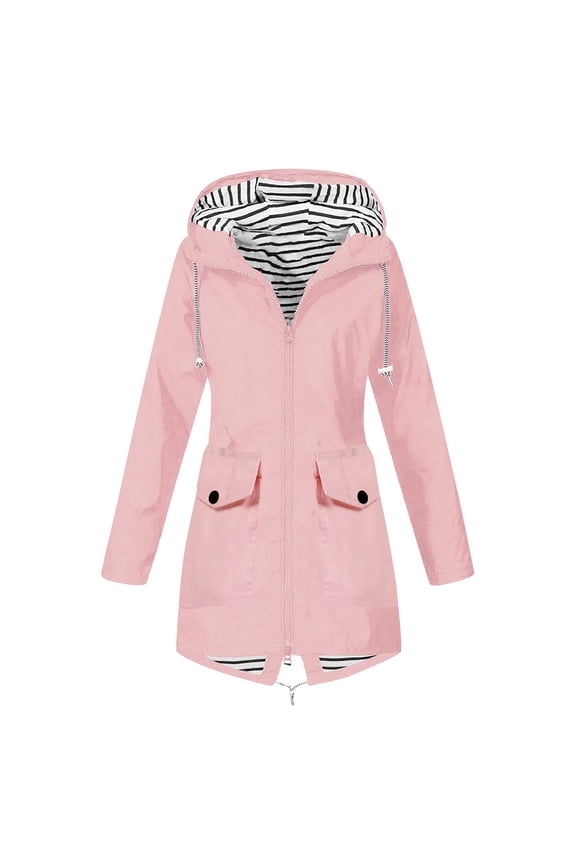 2024 Women's Rain Jacket with Hood Long Windbreaker Jacket Waterproof Rain Coats Hiking Trench Coat with Pockets Pink XL