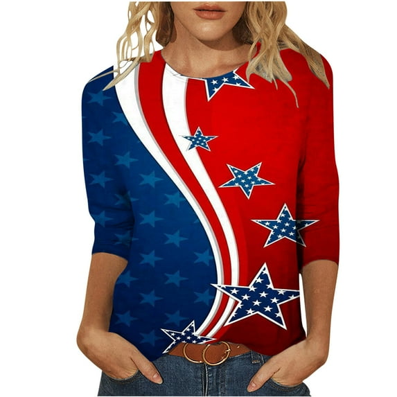 FAVIPT 2024 Womens 3/4 Sleeve Tunic Tops,Womens American Flag Patriotic 3/4 Sleeve Shirt 4th of July Independence Day Festival Tunic Blouses Tops