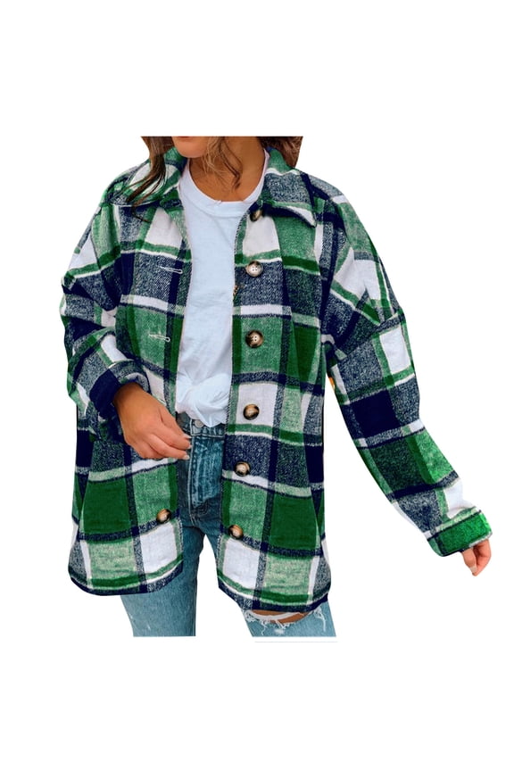 2024 Womens Casual Plaid Flannel Shacket Jacket Oversized Brushed Button Down Long Sleeve Shirts Coats with Pockets Tops