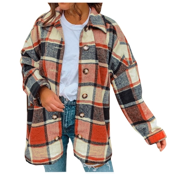 FAVIPT 2024 Womens Casual Plaid Flannel Shacket Jacket Oversized Brushed Button Down Long Sleeve Shirts Coats with Pockets Tops