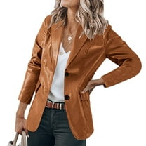 FAVIPT 2024 Womens Faux Leather Blazer Jacket,Faux Leather Jacket Women Notched Collar Slim Fit Business Casual Blazer Long Sleeve Open Front Jacket