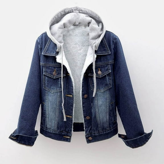 FAVIPT 2024 Womens Fleece Lined Denim Jackets,Button Down Hooded Jean Jacket Long Sleeve Oversize Casual Boyfriend Winter Coat Hoodies