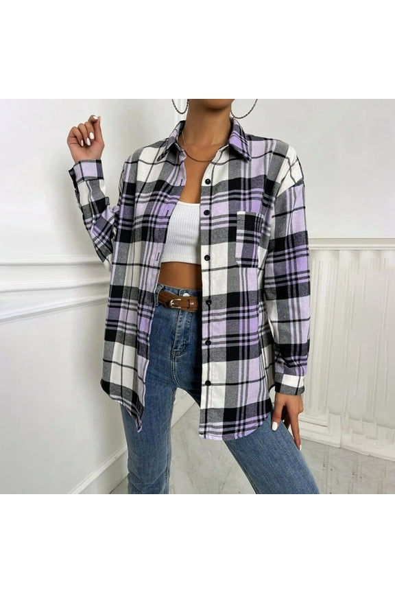 2024 Womens Plus Size Flannel Plaid Shacket,Plaid Shirts for Women Flannel Shacket Jacket Long Sleeve Lapel Button Down Shirts Coats Blouse Tops with Pocket