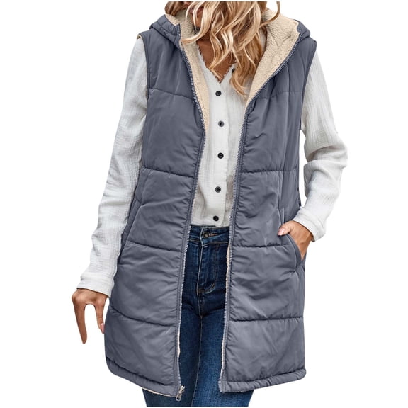 FAVIPT 2024 Womens Winter Fleece Jacket Trench Long Vest Coat with Pockets Thermal Zip Up Cardigan Sleeveless Hooded Jackets