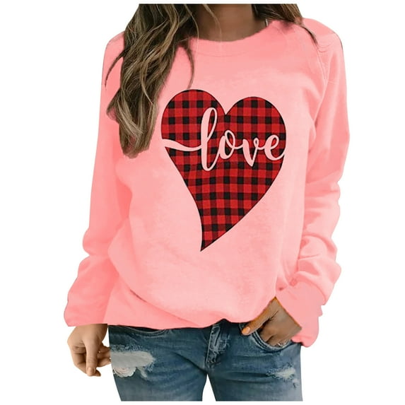 FAVIPT 2025 Valentine's Day Sweatshirts for Women Love Heart Printed Grahic Long Sleeve Shirt Crewneck Valentines Gifts Pullover Tops Pink,XL