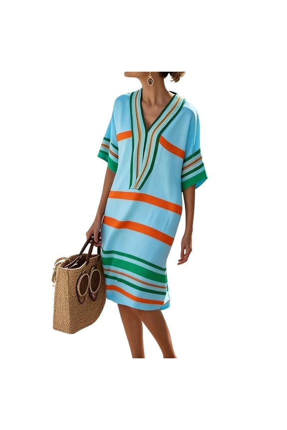 3/4 Sleeve Dresses for Women Striped Slouchy Boho Vacation Cover Ups V Neck Casual Summer Midi Caftans Mint Green,S