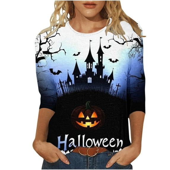 FAVIPT 3/4 Sleeve Shirts for Women Happpy Halloween Day Gifts Blouses Round Neck Funny Graphic Print Tees Casual Trendy Fall Horror Tops Multicolor,XXL