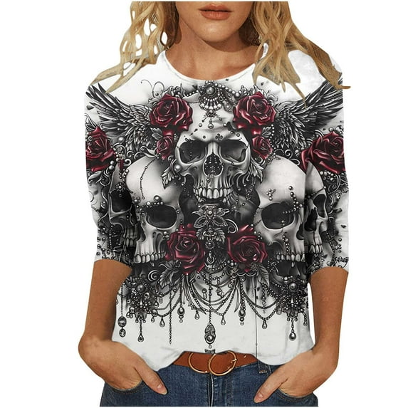 FAVIPT 3/4 Sleeve Shirts for Women Happpy Halloween Day Gifts Blouses Round Neck Funny Graphic Print Tees Casual Trendy Fall Novelty Tops Multicolor,XXXXXL