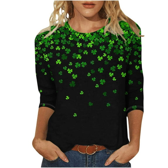 FAVIPT 3/4 Sleeve Tops for Women,St Patricks Shirt Women Irish Lucky Clover Shamrock Shirts Crew Neck Graphic Tee Tops 2025 Black,XXL