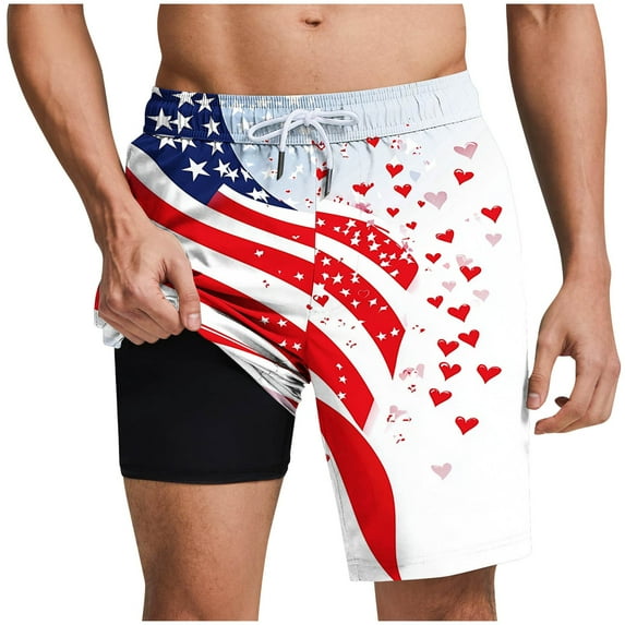 FAVIPT 4th of July Swim Trunks for Men American Flag Print Shorts with Compression Liner Quick Dry Elastic Waist Shorts Vacation Beach Pockets Shorts Summer 2025 Green,XL