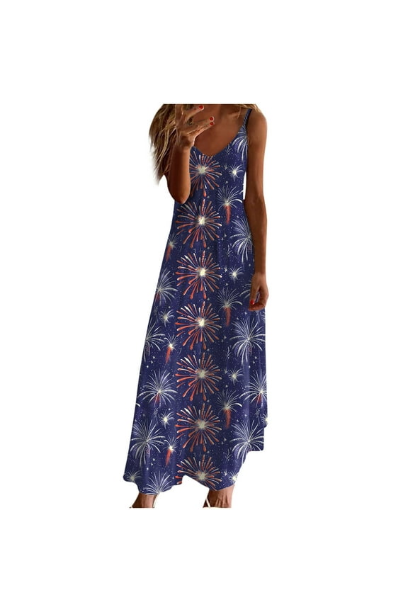 4th of July Dresses for Women American Flag Print Patriotic Maxi Dresses Spaghetti Straps V Neck Long Dress Summer 2025 Red,L