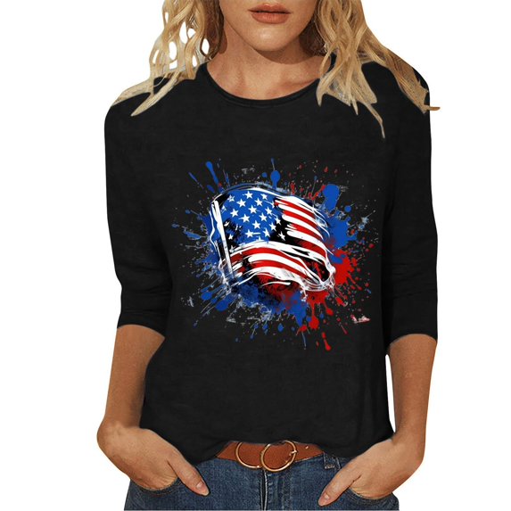 FAVIPT 4th of July T Shirt Women Casual Loose Summer 2025 Shirts Stars and Stripes Patriotic Print Tees 3/4 Sleeve Round Neck Shirts Black,M