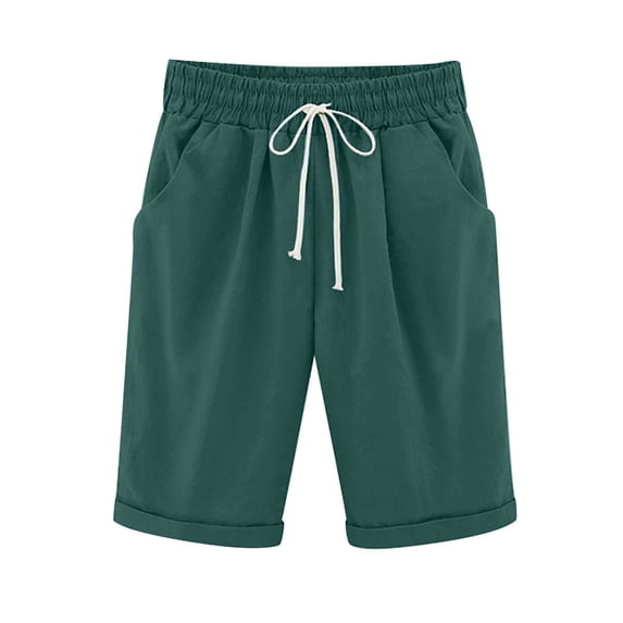FAVIPT Army Green Bermuda Shorts Women High Waisted Cotton Linen Elastic Drawstring Summer Shorts Knee Length Plus Size Vacation Shorts 2025 S