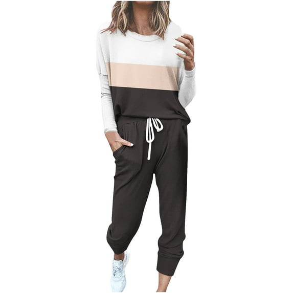 FAVIPT Athletic Jogger Sets for Women Color Block Tracksuit Lounge Set Long Sleeve Crewneck Tops and Long Pants Sweatsuits with Pockets 2025 Black,XXXL