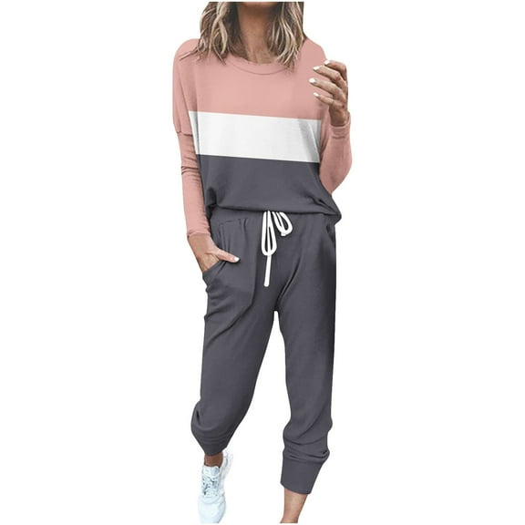 FAVIPT Athletic Jogger Sets for Women Color Block Tracksuit Lounge Set Long Sleeve Crewneck Tops and Long Pants Sweatsuits with Pockets 2025 Dark Gray,XXL